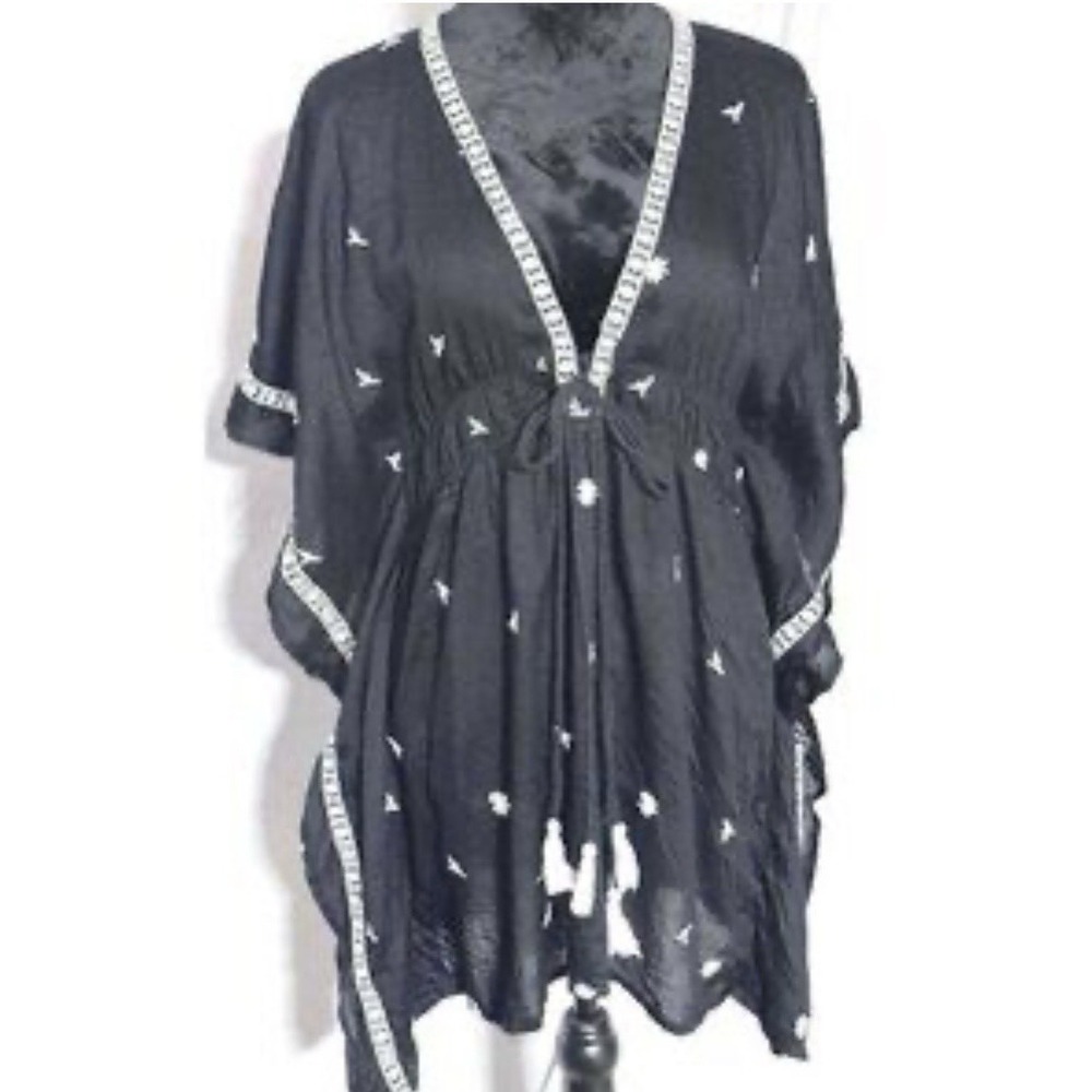 Raviya Brand Embroidered Beach Cover-up/Tunic Dress, Black, White Tassels, Small